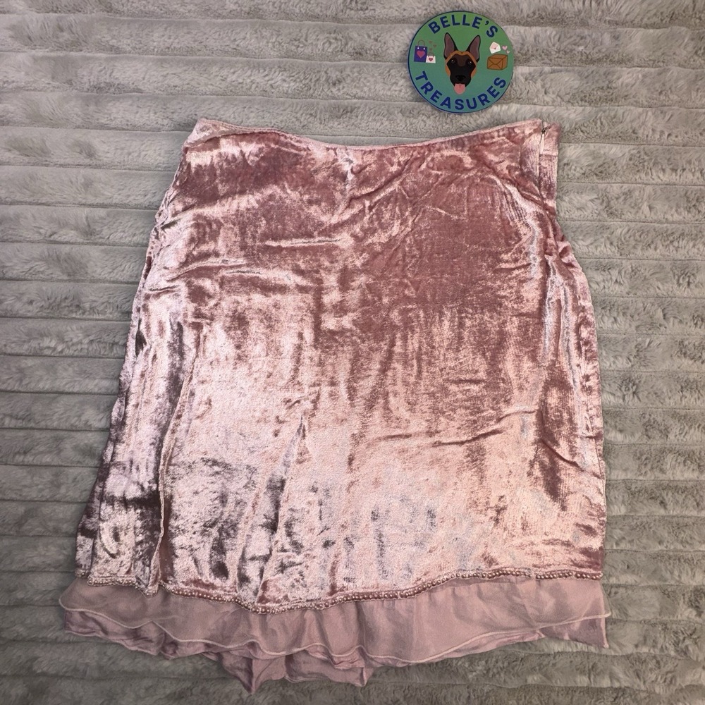 Women's Small Pink Crushed Velvet Skirt Beaded Tulle Made In Italy Knee Length
